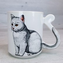 Vintage Ceramic White Gray Kitty Cat 3.5&quot; Cup Mug Tail is the Handle JAPAN - $19.39