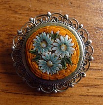Vintage Filigree MOSAIC PIN Flowers Orange ITALY - £27.14 GBP