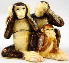 Monkey Family H2604 See Hear Say No Evil Mini Earring Jeweled Trinket Bo... - $41.66 CAD