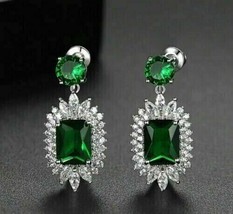 3 Ct Emerald Cut Simulated Emerald Drop/Dangle Earrings White Gold Plate... - $98.99