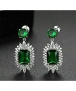 3 Ct Emerald Cut Simulated Emerald Drop/Dangle Earrings White Gold Plate... - $98.99
