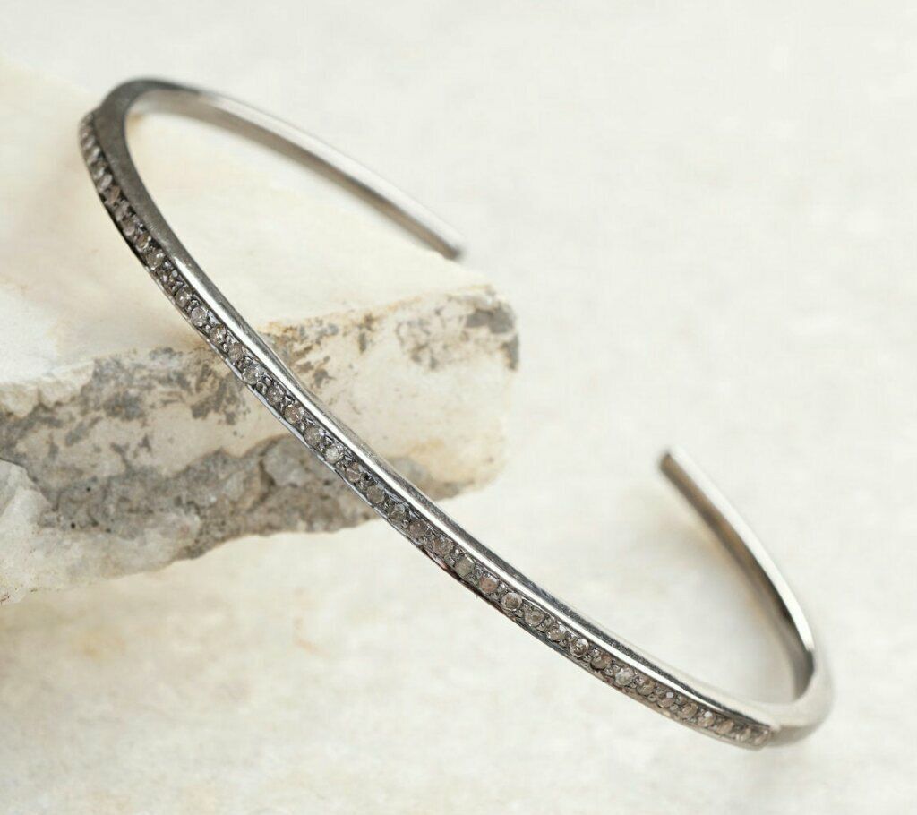 Pave Diamond Single Line Cuff Bracelet 925 Silver Diamond Bracelet Weddi... - $196.82