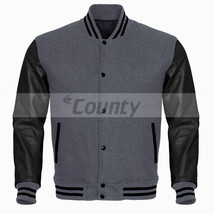 Varsity Letterman Bomber Baseball Jacket Gray/Grey Body &amp; Black Leather ... - $95.98