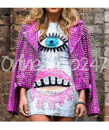 Women Philip Plein Stylish Purple Silver Metallic Studded Biker Leather ... - $382.94 CAD