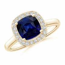 ANGARA Cushion Blue Sapphire Ring with Diamond Halo for Women in 14K Solid Gold - £2,059.58 GBP