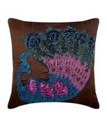 Brown Beade Multicolor Peacock 16&quot;x16&quot; Silk Pillowcase, Blue Peacock - $841.71 MXN+