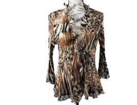 NOTATIONS Animal Print Brown Tan Ruffled Front Tie Sheer Blouse Women Size L - £17.12 GBP