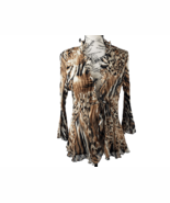 NOTATIONS Animal Print Brown Tan Ruffled Front Tie Sheer Blouse Women Si... - $413.62 MXN