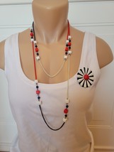 Vintage Red White Blue Long Necklace 54&quot; Square Glass Beads &amp; Daisy Brooch - £9.81 GBP