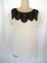 Club Monoco top blouse XS ivory black crochet lace cap sleeves scoop neck - £17.34 GBP