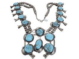 Vintage Navajo Sterling and Turquoise Squash blossom Necklace j - £1,415.25 GBP