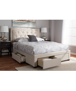 Simms Light Beige Fabric Upholstered Queen Size Storage Bed - $16,667.01 MXN