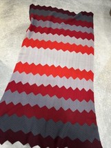 Vintage Handmade Chevron Afghan Crochet Retro Throw Blanket Red Grey 72&quot;x45” - £15.83 GBP