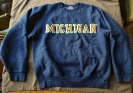 Vintage UofM Michigan Spellout Blue Varsity Sweatshirt Fruit of the Loom Size L - £22.82 GBP