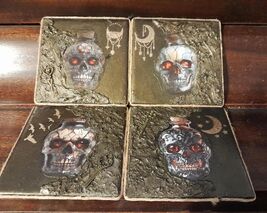 Set of FOUR Goth Skull Ceramic Tiles Mixed Media Handmade Display Wall F... - $19.95