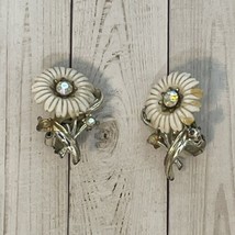 Vintage Silver Tone White Enamel Daisy Stem Clear Middle Stone Clip On E... - £8.39 GBP