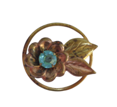 Vtg Brass Copper? Metal Rhinestone Flower Pin Brooch Patina Round Circle... - £8.56 GBP