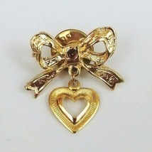 Gold Tone Bow With Rhinestone Accent And Dangling Heart Lapel Hat Pin - £4.17 GBP