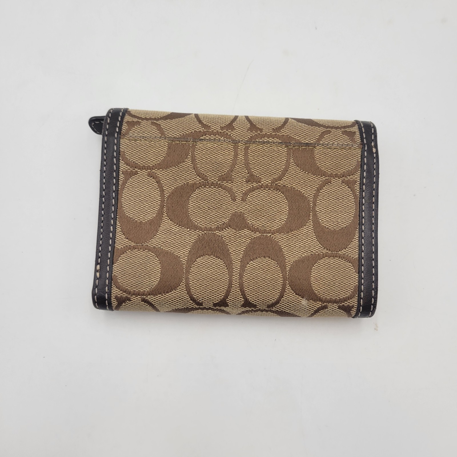 COACH Brown Signature Canvas Trifold Wallet Snap Closure Silver Hardware Item image 3