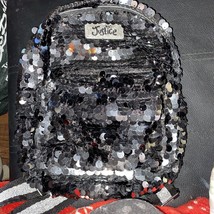 JUSTICE Sequin Sparkle Black /Silver Mini Backpack W/ Front Pocket - £15.47 GBP