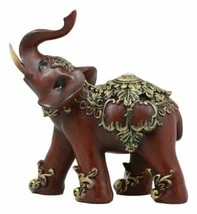 Faux Wood Decorated Thai Buddhism Noble Elephant With Trunk Up Statue 6.... - $21.99