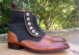  New Handmade Men&#39;s Formal Boot,Men&#39;s Tan Brown Leather &amp; Fabric Button Fashion  - £122.01 GBP