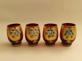 Mid-Century Czech Hand Blown &amp; Painted Gold Cranberry Red Murano Cordial... - $748.80 MXN