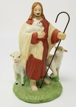 Figurine Jesus the Shepherd Staff Crook Baby Sheep Vintage Painted Ceramic - £14.90 GBP