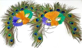 Warrior Peacock Mardi Gras Masks Purple Green and Gold Set Of 2 Halloween - £10.52 GBP