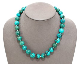 Turquoise Strand Round Beaded Necklace 925 Sterling Silver Clasp 19&quot; Length - £149.72 GBP