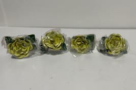 VTG Toleware Rose Napkin Rings Yellow Flower Painted Metal Hong Kong NOS Set 4 - $27.95