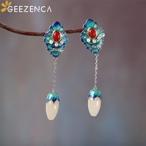 925 Sterling Silver Enamel Jade Flower Long Dangle Earrings For Women Vintage Lu - £126.82 GBP