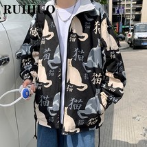 RUIHUO Japanese Cats Print Bomber Jacket Men Coats Korean Style Windbrea... - £69.98 GBP