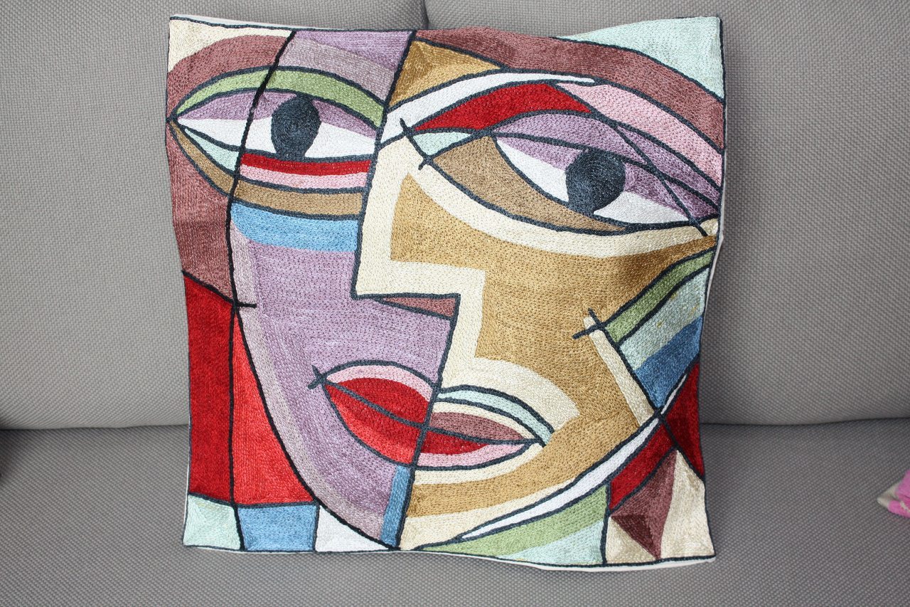 Decorative Picasso Inspired Silk Embroidered Throw Pillows - FACES - $50.00