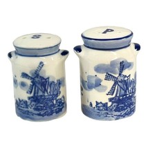 Delft Windmill Set of Blue White Pottery Vintage Ceramic Salt &amp; Pepper S... - £24.56 GBP