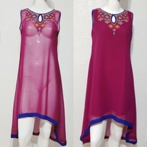 IndoWest Dress Global Desi Purple Blue Chiffon Embroidered Summer High Low Sz S - £18.93 GBP
