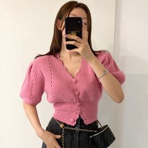 V Neck Single Breasted Cutout Slim Fit Puff Short Sleeve Sweater Women Pull Pink - £173.74 GBP