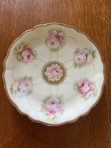 Vintage Bavaria Marked Light Yellow w Pink Rose Flowers &amp; Gilt Accents Scalloped - £10.46 GBP