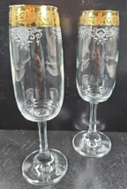 (2) Cellini C9N1 Fluted Champagne Set Clear Gold Band Floral Etch Tumble... - $29.67