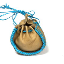 Small Vintage Drawstring Tan Leather bag pouch Blue Whip Stitch - £12.89 GBP