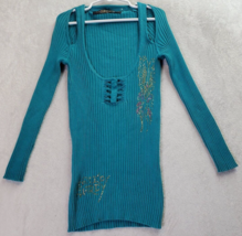 Ed Hardy Blouse Top Womens Size XS Teal Ribbed Gemstone Long Sleeve Scoop Neck - £48.20 GBP