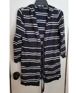 Womens M Sisters Navy Blue White Striped Knit Hooded Belted Cardigan Swe... - €16,14 EUR