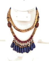 Vintage Double Strand Statement Fringe Necklace Square Gold Color Beads Blue Red - £17.40 GBP