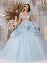 Light Blue Quinceanera Dresses 2021 Sweet 15 Year Ball Gown Sheer Illuion Back B - £345.98 GBP