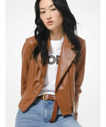 Chaqueta de cuero hecha a mano para mujer marrón pura piel de cordero mo... - $164.05 CAD+