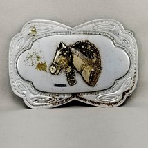 Vintage Belt Buckle Western Horseshoe Over Horse Head Cowboy Cowgirl Filigree - £17.53 GBP