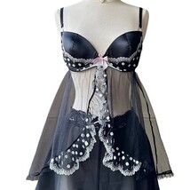 Charming Heart Print Satin Bow Lingerie Set Top & Short -White/Black Heart -Sz L image 4