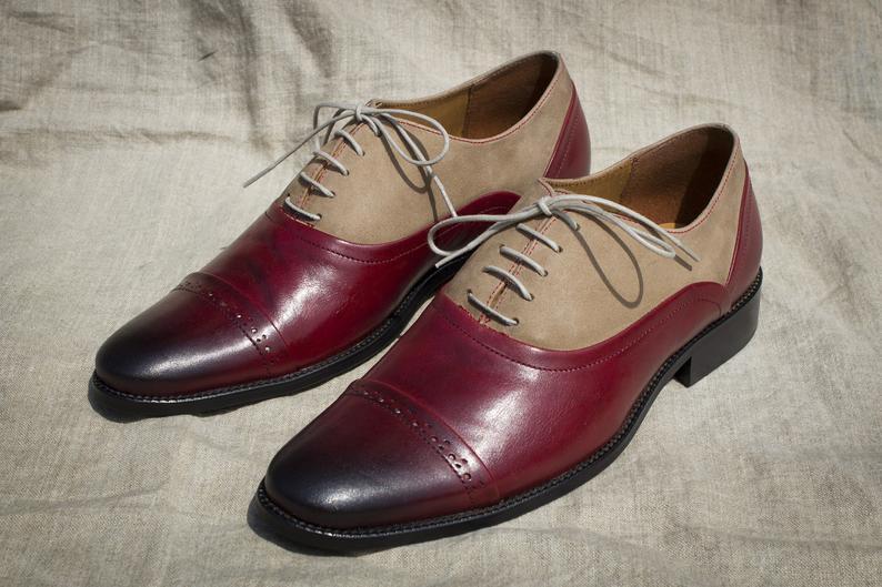 Men Two Tone Burgundy Beige Suede Burnished Cap Toe Genuine Leather Laceup Shoes