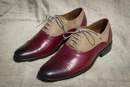 Men Two Tone Burgundy Beige Suede Burnished Cap Toe Genuine Leather Laceup Shoes - £109.64 GBP