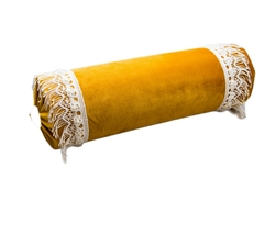 Velvet Bolster Pillow, Honey-golden Velvet, Lace Pipping, White Lace 6x16&#39;&#39; - £43.16 GBP